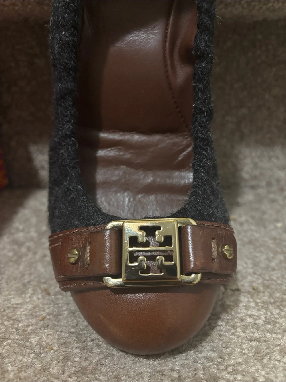 Tory Burch Brown Leather and Black Fabric Heel Pumps with Gold Logo
